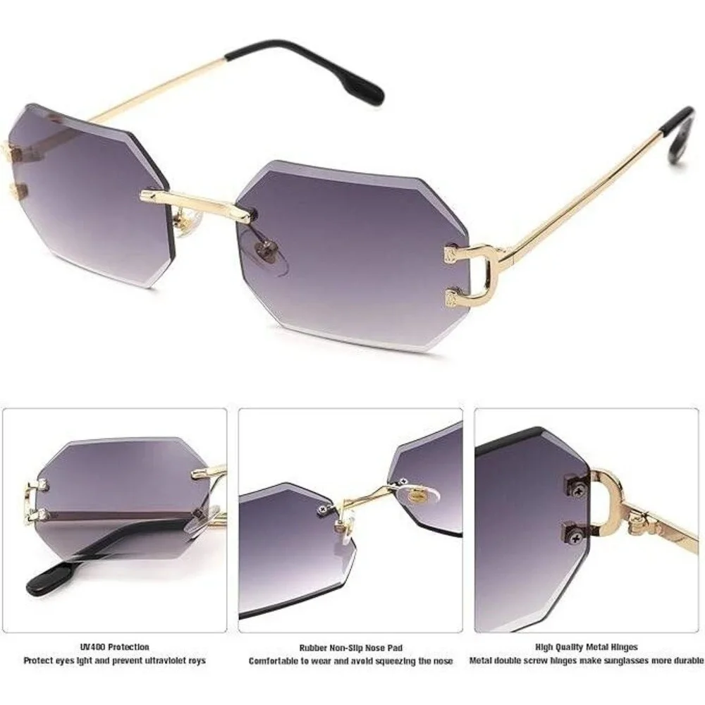 Rimless Sunglasses Men Octagon Frame Gradient Gray Lens Fashion Eyewear Hip Hop‎